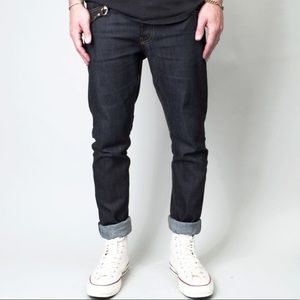 men’s lone flag slim super taper raw denim jeans, 32, indigo